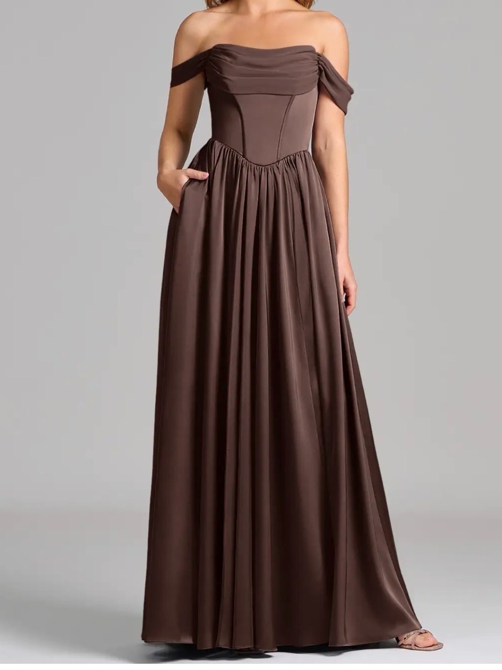 Azazie Raisa Off-the-Shoulder Evening Gown/Bridesmaids Dress in Ganache Size A6